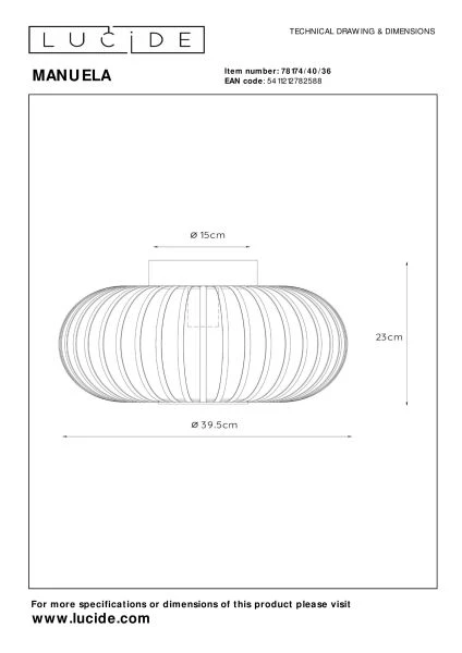 Lucide MANUELA - Lámpara de techo - Ø 39,5 cm - 1xE27 - Gris - técnico
